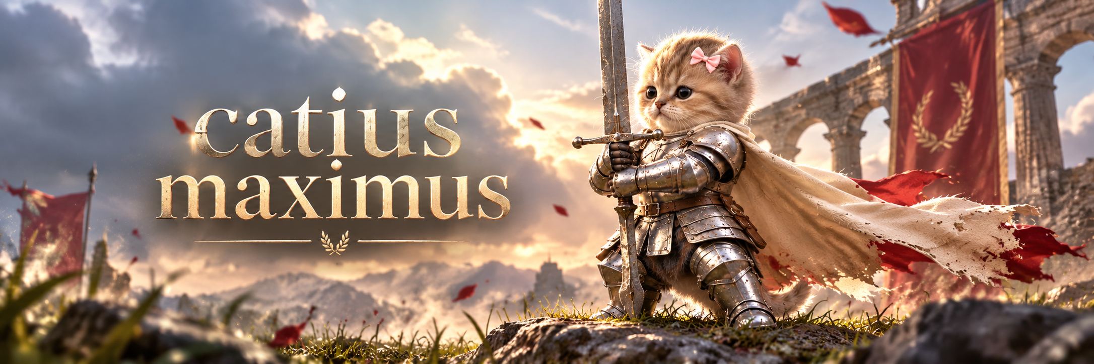 catius maximus, a tiny kitten in silver plate armor and a torn cape, kneeling in a windswept meadow with a tall sword beside ruined roman arches and red banners.